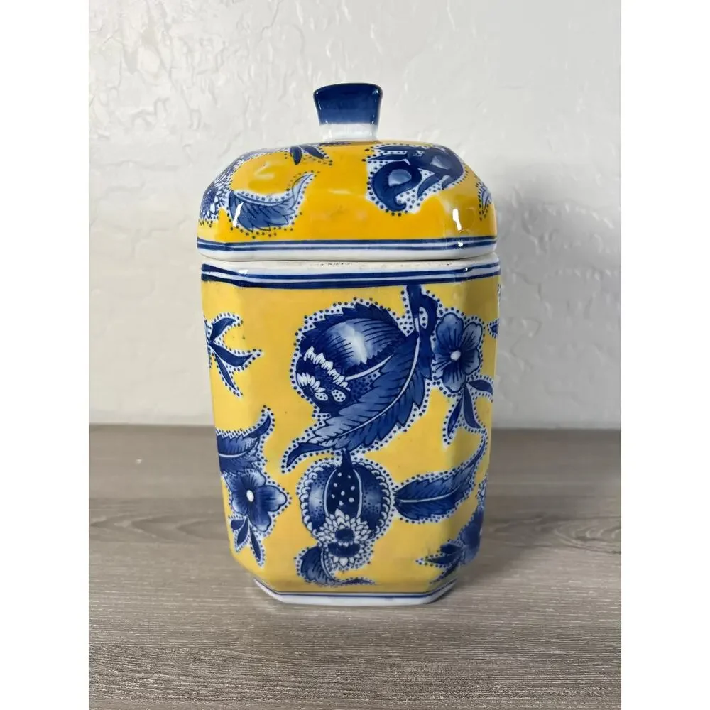 Chinese Chinoiserie-Inspired BLUE & YELLOW Rectangular Lidded Canister 10